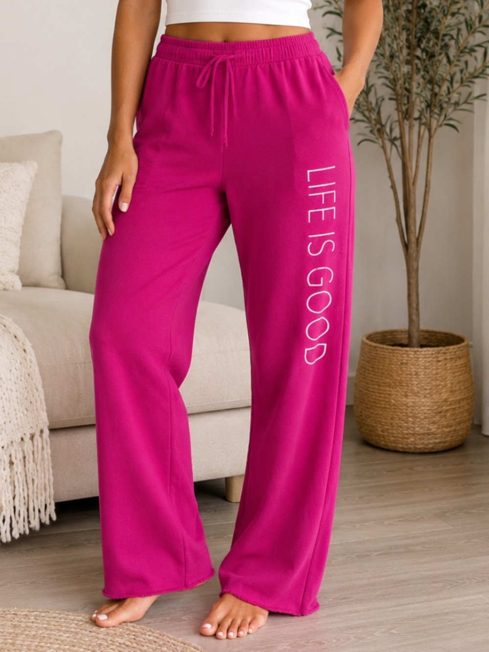 Life Is Good Wide Leg Sweatpants Womens XL Pink Drawstring Cozy